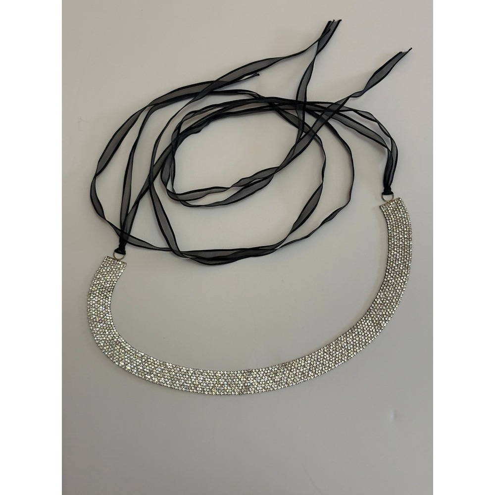 Silver Rhinestone Belt with Black Ribbon Ties Wedding Gala Formal Glam Accessory